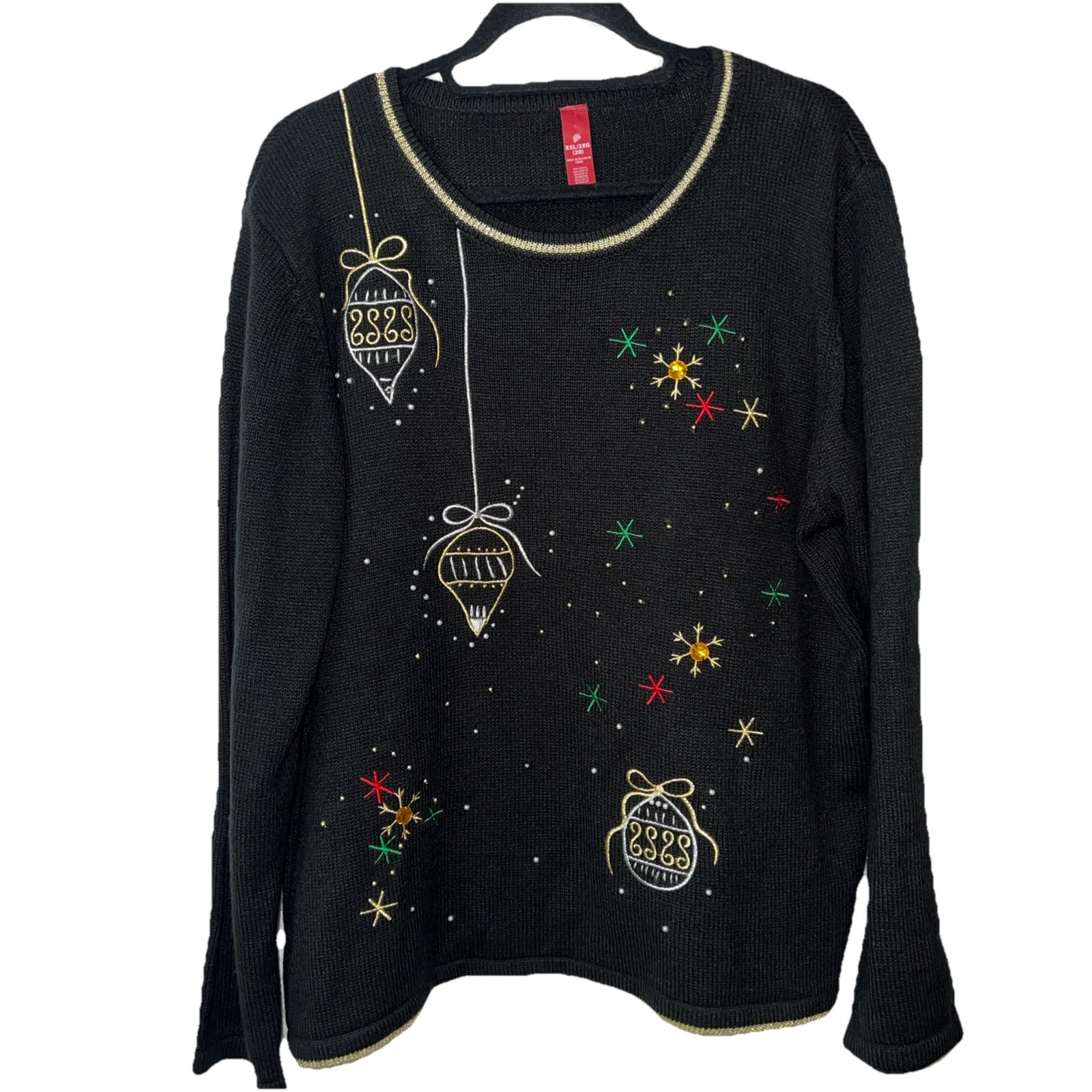 Ugly Christmas Sweater Womens Black Sequin Gold Tone Beading Ornaments Size Xxl